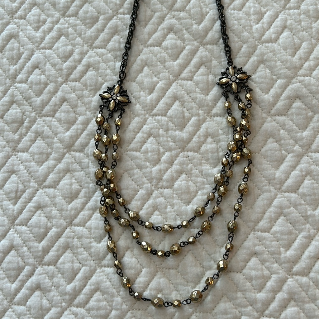2028 Gold Tone Beads With Rhinestone Three Strand Necklace 8$